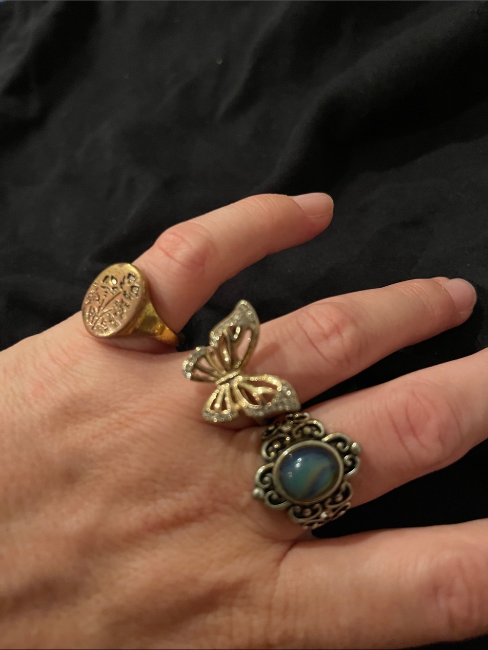 Gold-Tone Butterfly and Vintage Blue Stone Ring Set - Unbranded